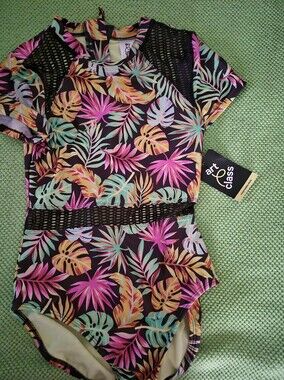 NWT - Art Class Girls Tropical Floral One-Piece Swimsuit with Mesh & Zipper Back